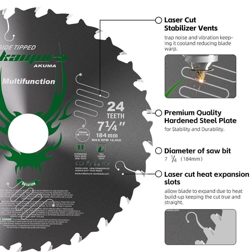 Carbide teeth and anti-vibration slots on a multipurpose chop saw blade Carbide teeth and anti-vibration slots on a multipurpose chop saw blade